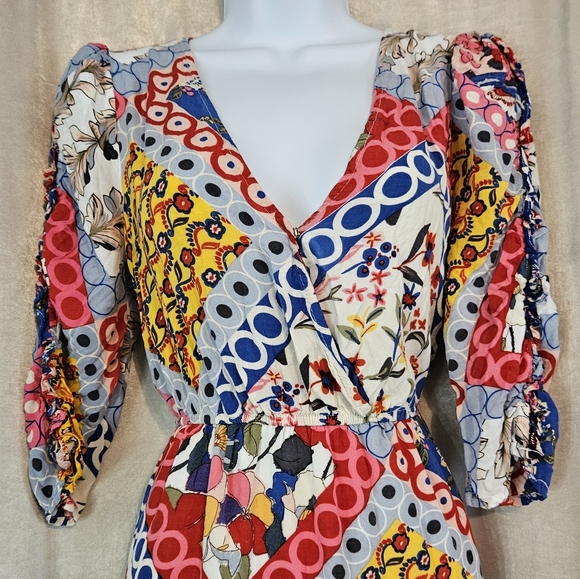 Anthropologie Lapis blue pink red yellow multi print blouson dress Women Medium - Picture 5 of 7